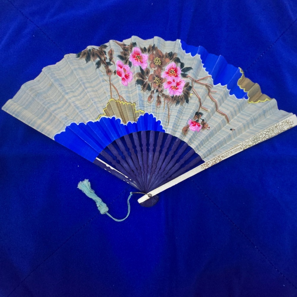 Vintage Made in Japan Folding Hand Fan Floral Pink Blue Tassel Filigree 9 Inch